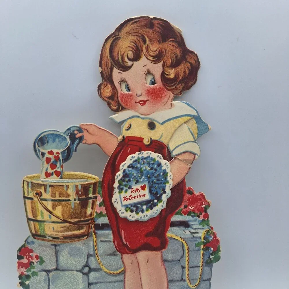 Vintage Standing Die-Cut Valentine Card Girl Watering Flowers Cute Retro Design‎